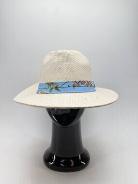 Island Beach Women's Large Paper Straw Wide Brim Sun Hat Tropical Band Beige